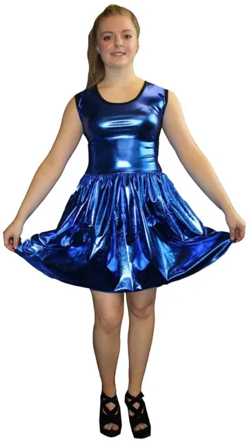 Metallic Shiny Pvc Blue Grease Wetlook Rockabilly Swing Sleeveless Dress Rave