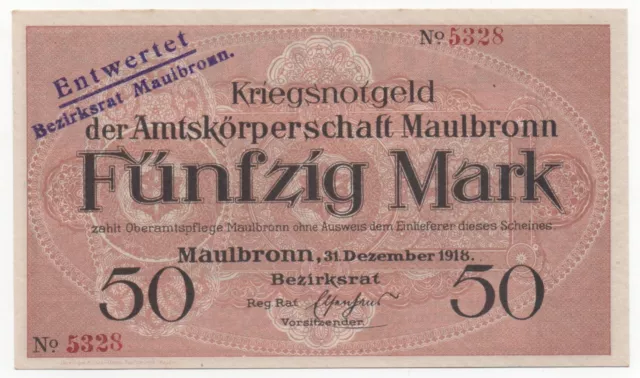 Germany Maulbronn 50 Mark 1918 War Emergency Money Notgeld Entwertet Unc