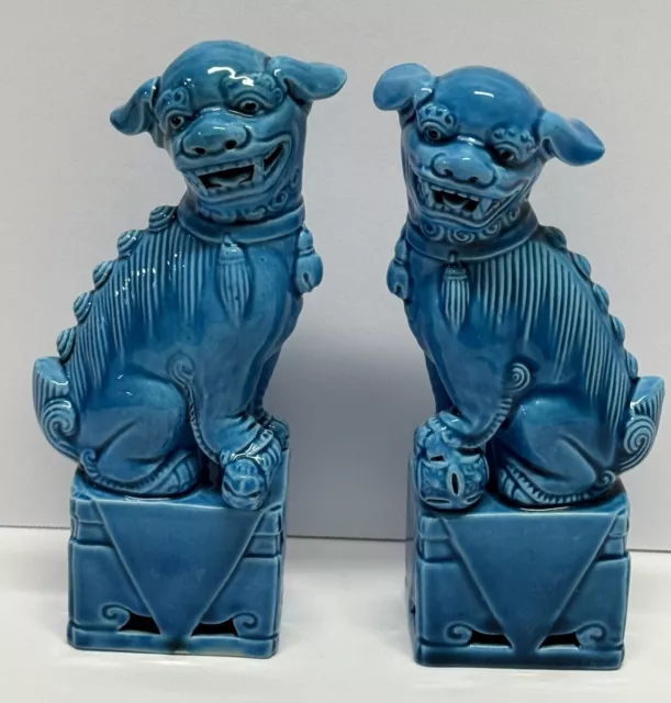 VTG Chinese Turquoise Blue Fu Foo Lion Dog Guardian Lion Statue Figures 6"