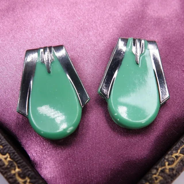Vtg RARE Pair Art Deco Dress Clips Jade Green Glass Czech/French Retro 1930s-40s
