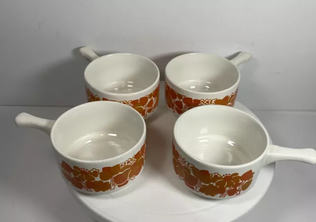 Staffordshire Potteries Soup Bowls Mugs × 4 Orange White Vintage Retro 1970s