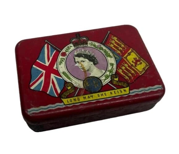 VINTAGE RED METAL Tin Commemorative Box Queen Elizabeth Coronation 1953
