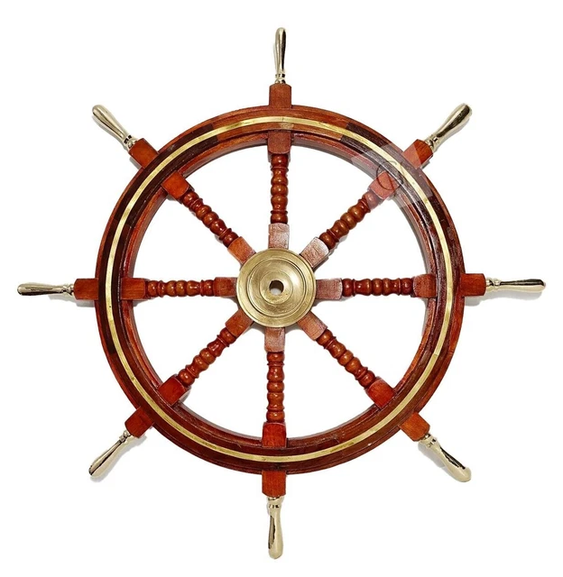 Maritime Eleganz, nautisches Schiffsrad aus Holz mit Messingring und Griff,...