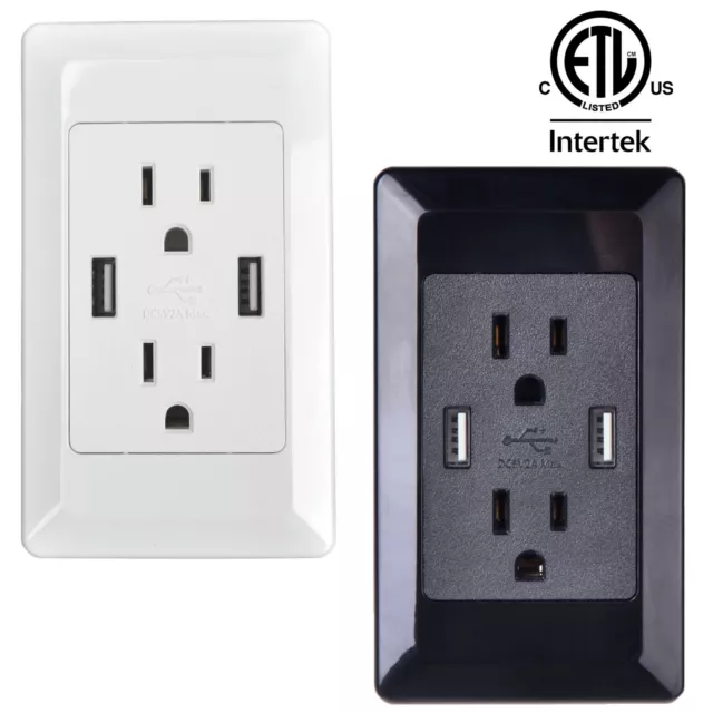 Electrical Outlet Panel Wall Plug Socket AC Power Receptacle 2-USB Ports Charger