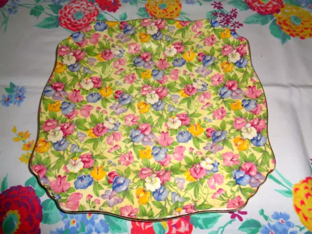 Vtg Royal Winton Grimwades Sweet Pea Chintz Dinner Plate 9.75" Sq Scalloped Rim