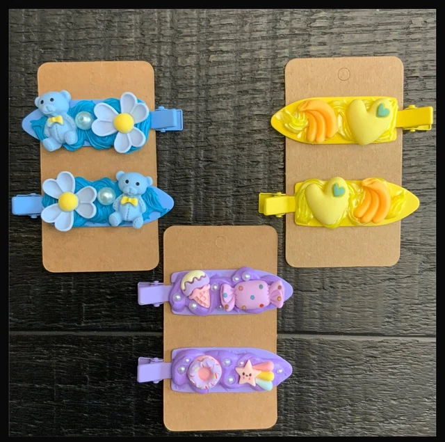 3 Pair Of Girls Decoden Barrettes for $7.00 - Three Pairs - Purple / Yellow