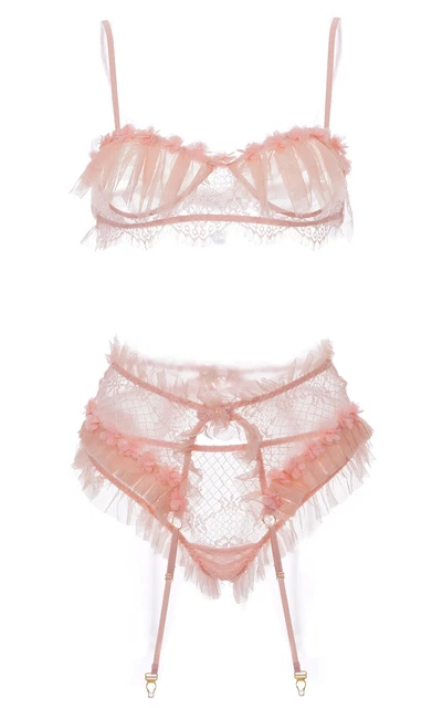 Ensemble lingerie fine 3pcs rose à fleur, froufrou et dentelle, sexy élégant