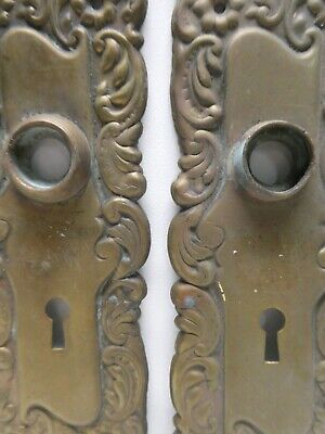 Original Vintage Pair Pressed Brass Ornate  Art Deco Door Handle Plates 2
