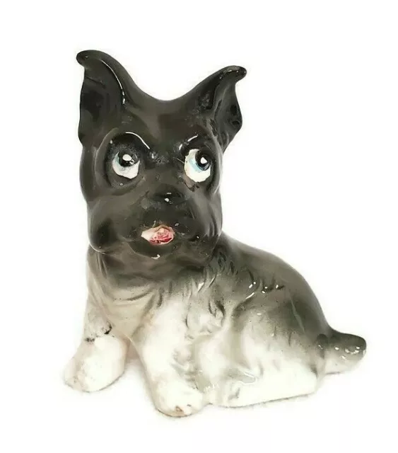 Vintage Dog Figurine Japan Terrier Black White Blue Eyes Sweet Face 4" x 4