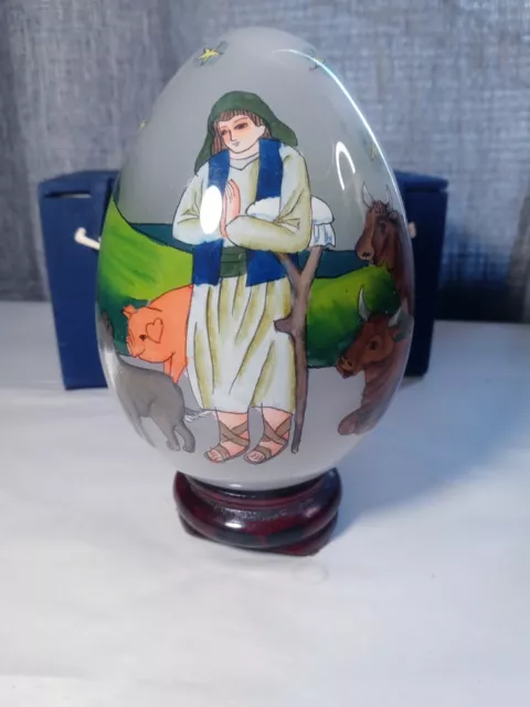 Reverse Hand Painted Biblical Jesus Shepard With Animals Glass Egg On Stand