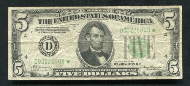 Fr. 1955-D* 1934 $5 Five Dollars *Star* Frn Federal Reserve Note Ceveland, Oh