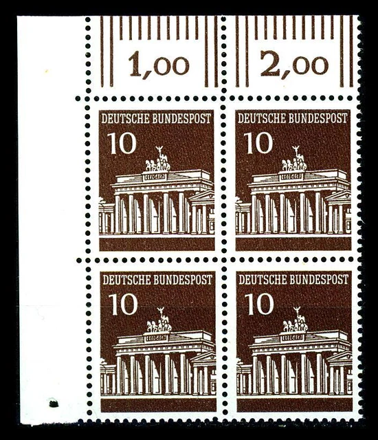 BUND Mi. 506, Brandenburger Tor  10 Pf. **, Mi. 506 - Eckrand-Vierer o.l.