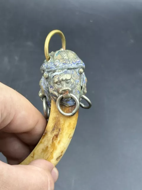 Wonderful Unique ancient Roman Animal teeth bronze Large pendant with lion faces 2