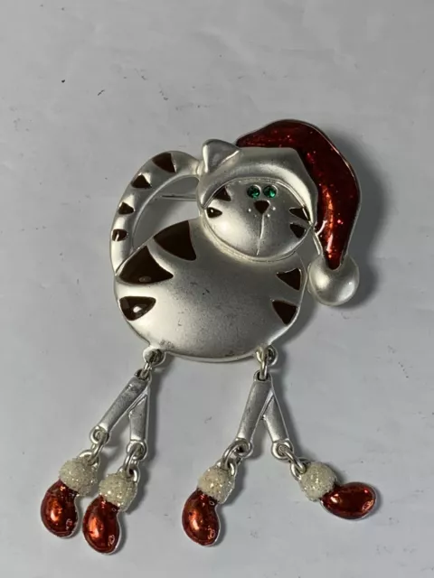 Santa Cat w/ Red Enamel Santa Hat & Boots Christmas Pin Brooch By Tanya Creation