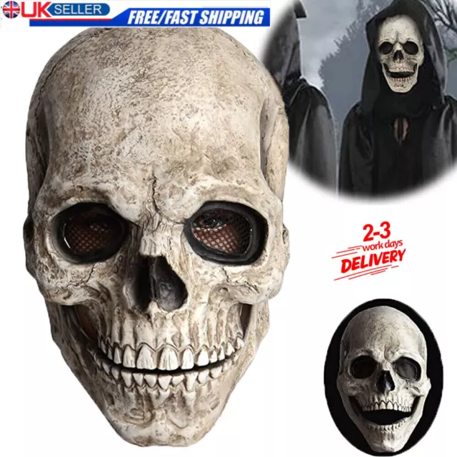 Adult Latex Skull Moving Jaw Full Head Mask Halloween Skeleton Fancy Dress UK