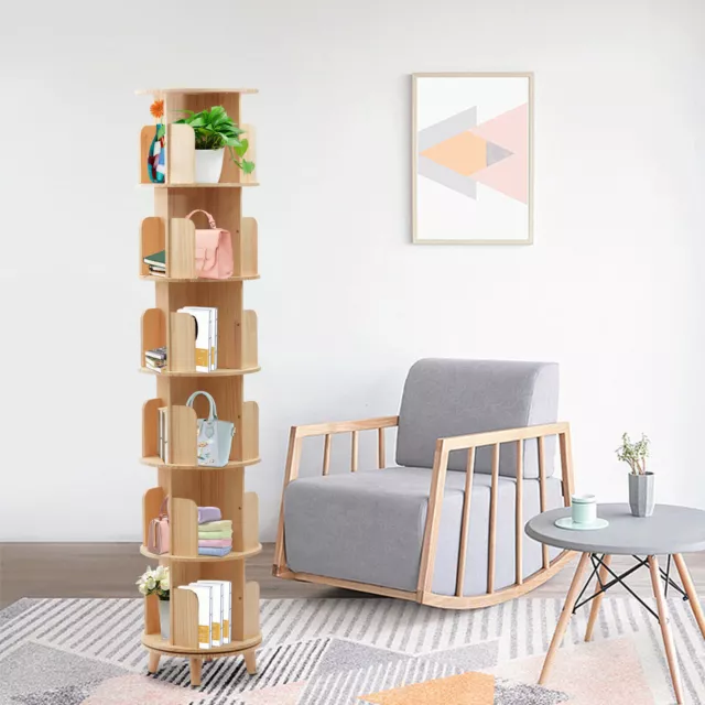 1-6 Tier Rotating Bookshelf Book Rack Wooden Plants Storage Display Holder Stand