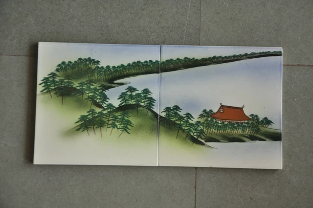 2 Pc Vintage Fine Colorful Lake View Scenery D.K Mark Ceramic Tiles,Japan