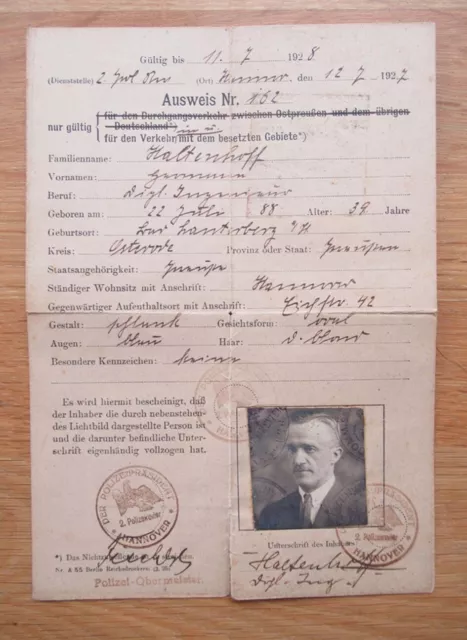 Ausweis für die besetzten Gebiete 1927 Bruder Bürgermeister Haltenhoff Hannover