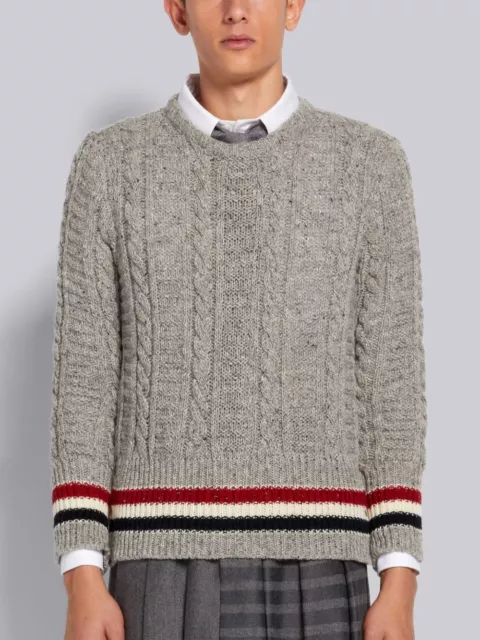 Thom Browne light grey donegal tweed filey crew neck pullover sweater size 2 2