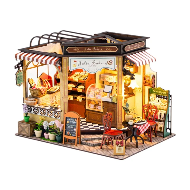 BAKERY STORE MINIATURE Doll House Kit Handmade Corner Room Box DIY Wood ...