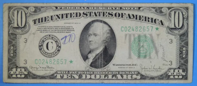 1934 D $10 Ten Dollar Philadelphia Federal Reserve Star Note