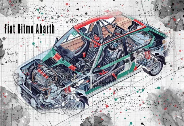 Line Tech Drawing  Fiat Ritmo Abarth   Cutaway Art Poster Print