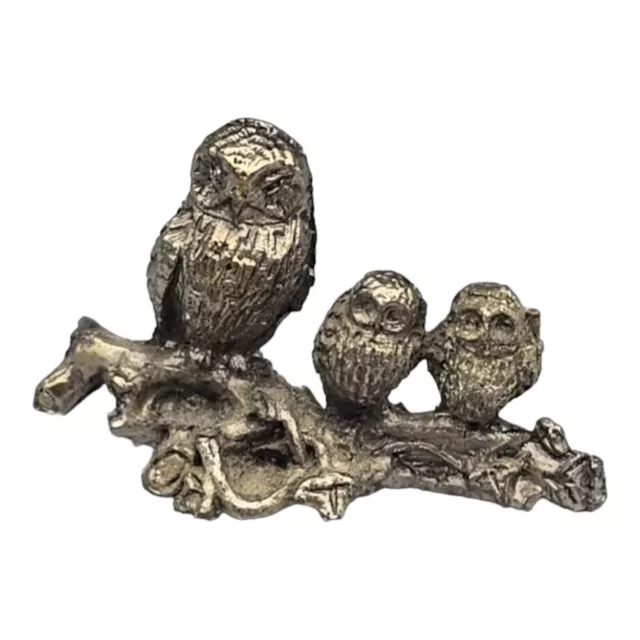 Miniature Solid Pewter Owl Figurine Trio of Three Owls On Log Mini 1.5"