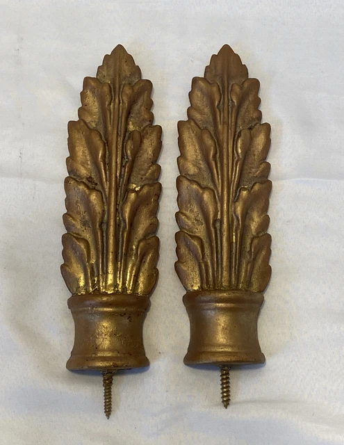 NOS Vintage Gold Gilt Curtain Rod Finials Pair Leaf 7.75"x2.25" Set of 2
