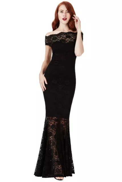 Goddiva Black Lace Bardot Maxi Evening Fishtail Mermaid Formal Party Dress Prom 3