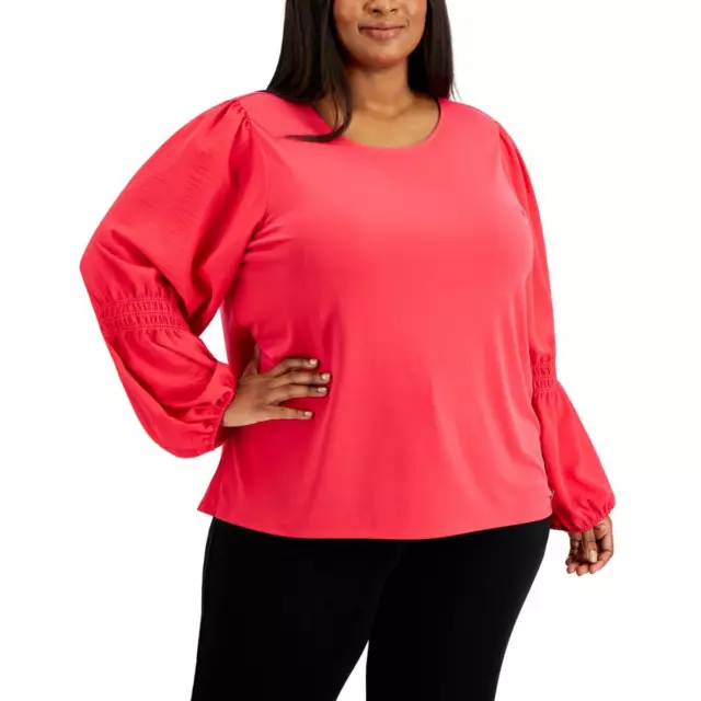 CALVIN KLEIN WOMENS Pink Smocked Puff Sleeve Top Blouse Shirt Plus 2X ...