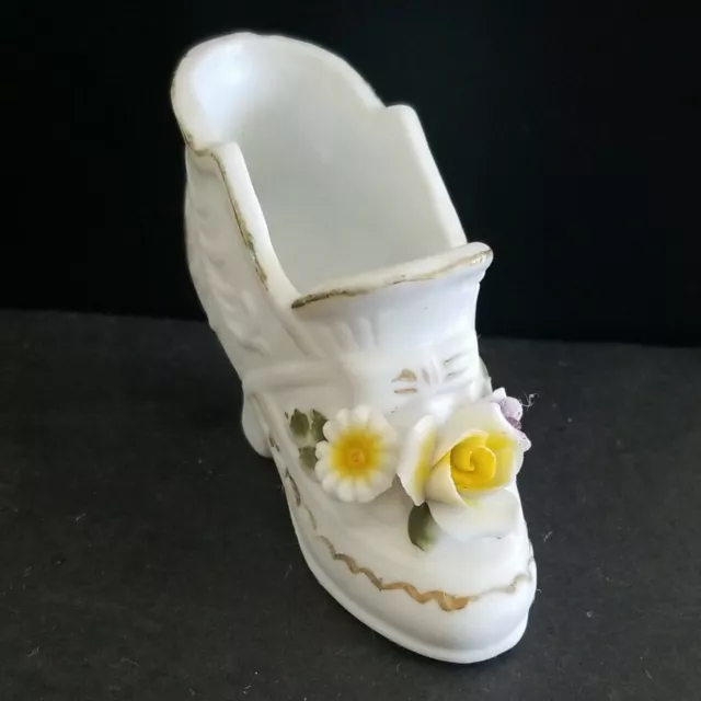Vintage Beautiful Ceramic Porcelain Shoe White With Applied Flowers  Miniature