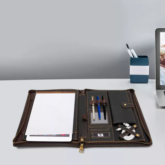Leather Portfolio Folder Business Zippered Document Organizer Sorted Storage