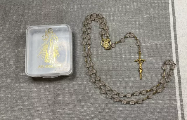 Vintage Rosary Pope Saint John Paul II Case & Glass Beads Cross Christian H72