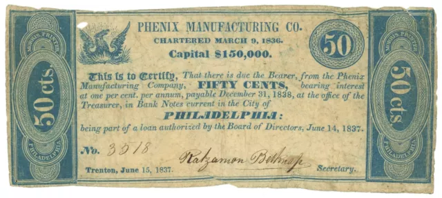1837 Phenix Manufacturing Co., Philadelphia, PA 50c Obsolete Note (L1819)