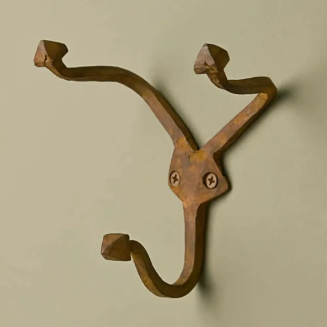 3 Vintage Antique Styled Metal Cast Iron Triple Arm + 2  Double Coat Hooks Rust