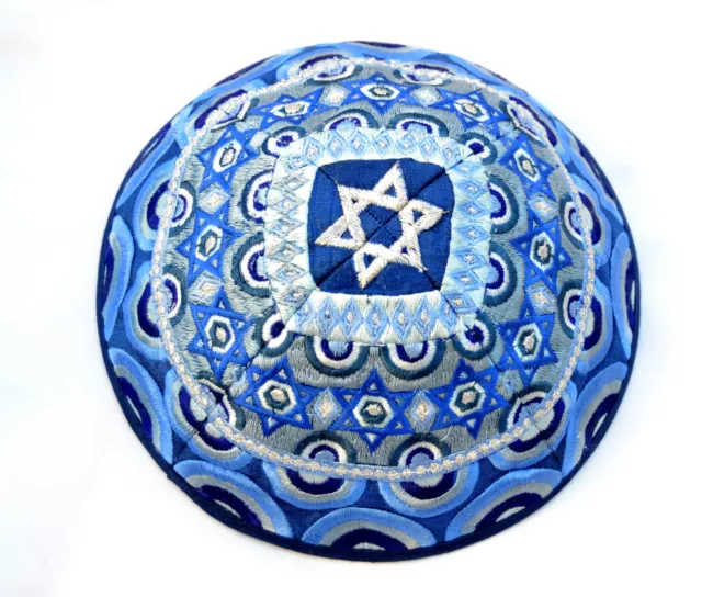 Jewish Kippah Yarmulke-Embroidered Kippas Emanuel.Magen David Rainbow Blue 21cm 2