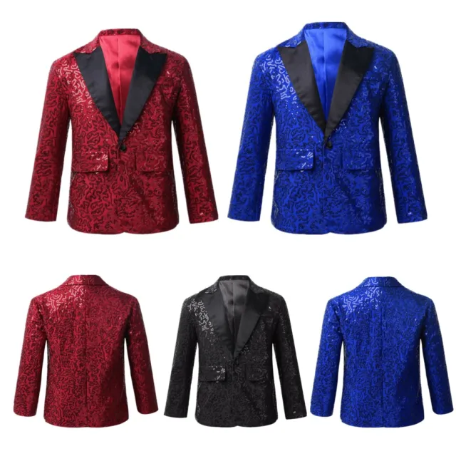 Boys Suit Blazer Shiny Sequins Notch Lapel Slim Fit Jacket Party Performance