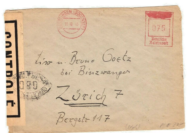 Franz Zone, Postfreistempler ÜBERLINGEN BODENSEE 16.10.46, Auslandsbrief, Zensur
