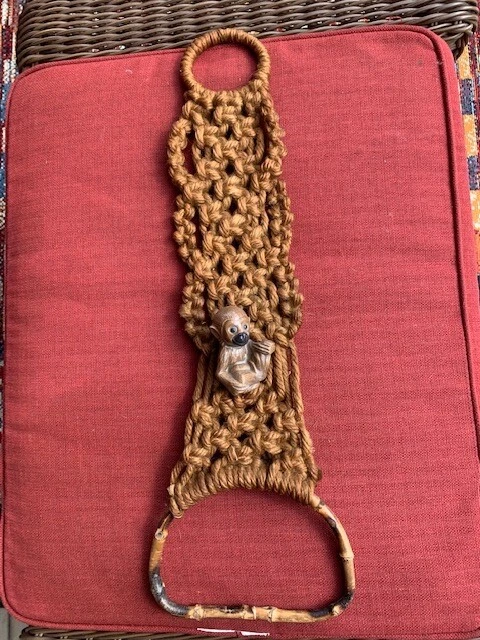 VTG 1970's Handmade Macrame Bamboo Towel Holder With Ceramic Monkey