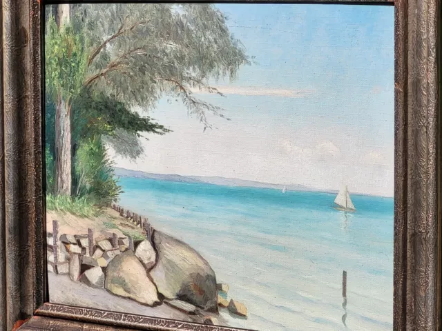 Tableau Ancien signée. Paysage Marin Bateaux. Peinture huile sur panneau de bois