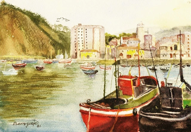 ACUARELA ORIGINAL DE BERRUGUETE, LAREDO PUERTO. WATERCOLOUR AQUARELLE Oferta Art