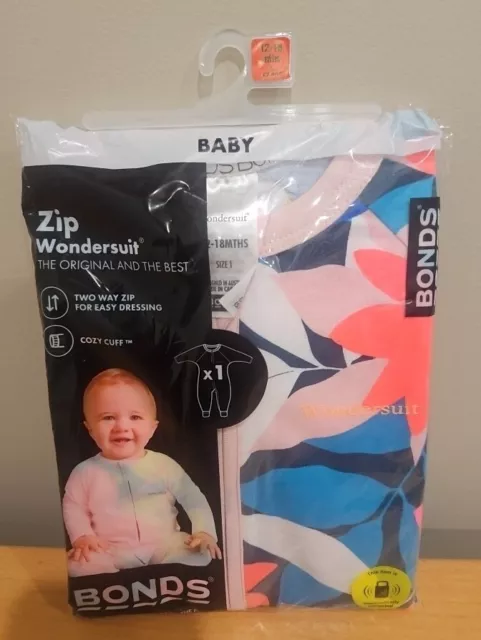 Bonds Zip Wondersuit Zippy Navy Pink Leaves Sz 1 (12-18 mths) Retired Pattern