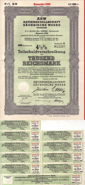 Teilschuldverschreibung Sächsische Werke Dresden Zinsschein ASW Aktien 1940