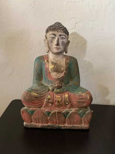 Antique 19th Century Burmese Buddha Polychrome Wooden Chinese Thai 12” Statue