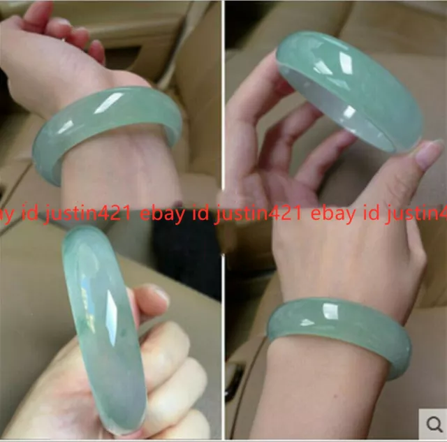 Exquisite 54-64mm Natural Light Green Jade Carved Icy Jade Bangle Bracelet+Box