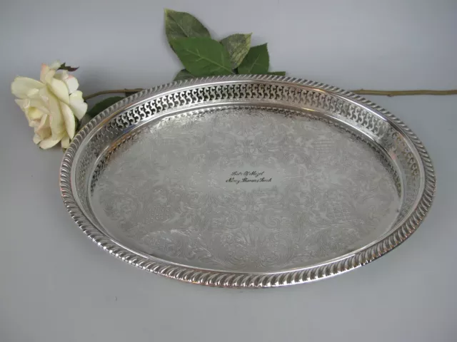 Oval silver plated Tray. Vintage. Chased gallery. Drinks / serving. Quality. 16" 2