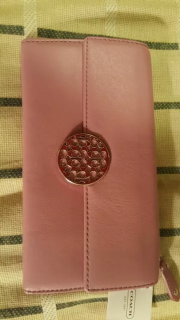 Retail $158!! Brand New W Tag! Very Cute Logo Deco Coach Wallet In Purple Leathe