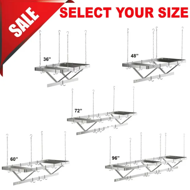 DIFFERENT SIZES Stainless Steel Ceiling-Mounted Pot Rack with Double Prong Hooks
