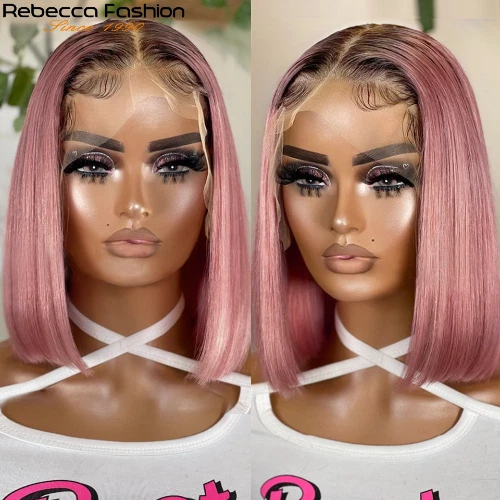 Pink Bob Wig Silky Straight Lace Front Human Hair Wigs For Women Short Bob