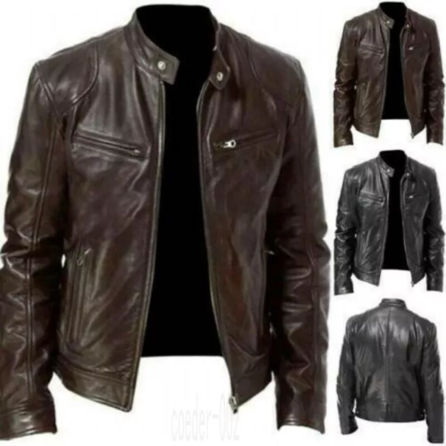 Giacca Da Biker Da Uomo Vintage Cafe Racer Nera Marrone In Pelle Casual Slim Fit Real